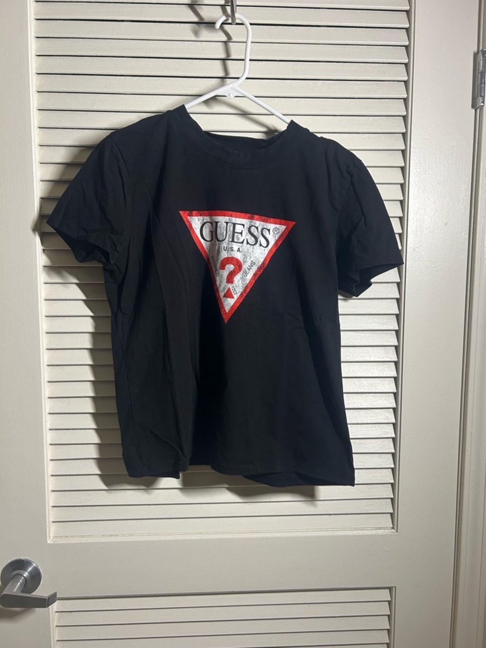 GUESS Black Tee with Red and White Triangle Logo